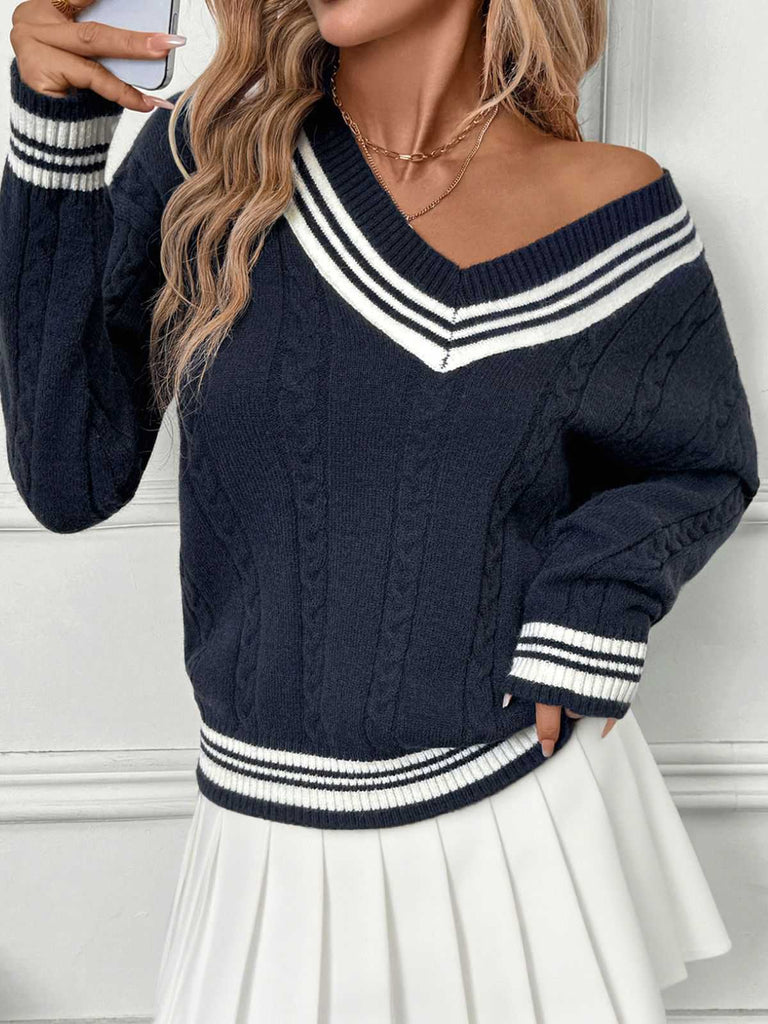 Blue 1950s Nautical Knit V-Neck Striped Sweater - vintage fashion, retro style