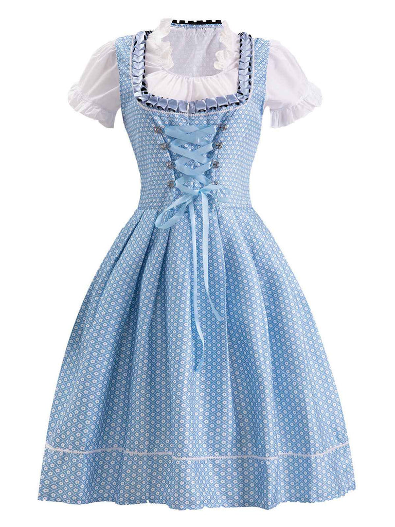 She slips into this Blue 1950s Oktoberfest Lace Patchwork Dress Set and suddenly it's a 1950s daydream
