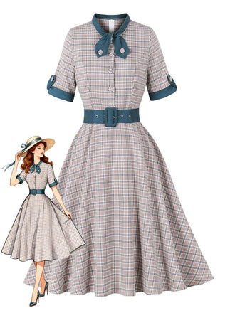 Dark Peacock Blue 1950s Plaid Bow Belted Dress