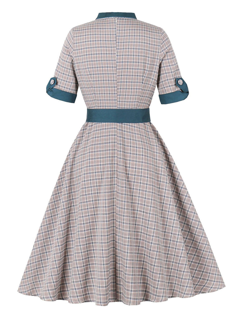 Dark Peacock Blue 1950s Plaid Bow Belted Dress 4