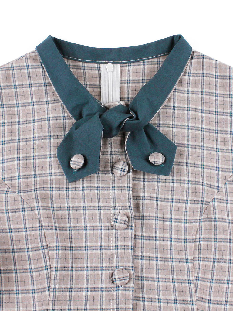 Dark Peacock Blue 1950s Plaid Bow Belted Dress 9