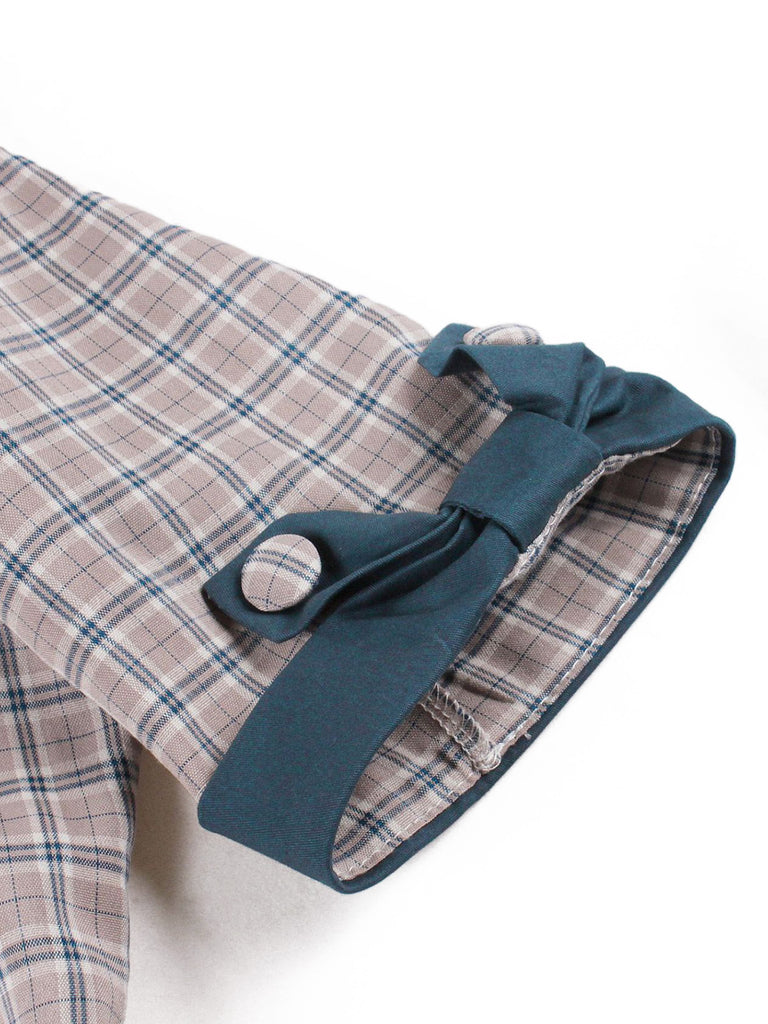 Dark Peacock Blue 1950s Plaid Bow Belted Dress 6