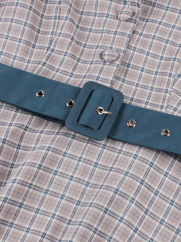 Dark Peacock Blue 1950s Plaid Bow Belted Dress 5