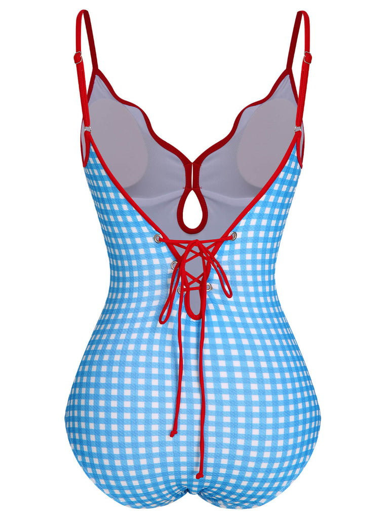 Blue 1950s Plaid Sling One-Piece Swimsuit, vintage swimsuit, pin-up swimwear - perfect for women who love vintage and retro fashion