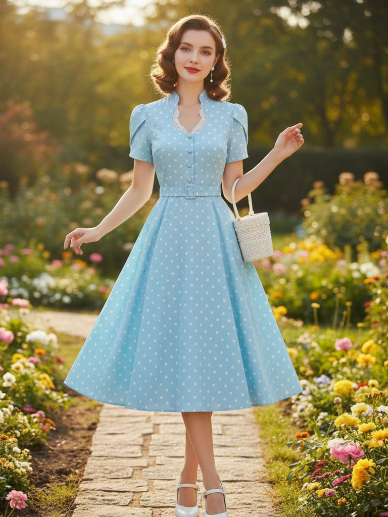 [Pre-Sale] Blue 1950s Polka Dot Keyhole Tulip Sleeve Belted Dress, vintage dress, retro fashion, rockabilly, pin-up fashion - perfect for women who love vintage and retro fashion