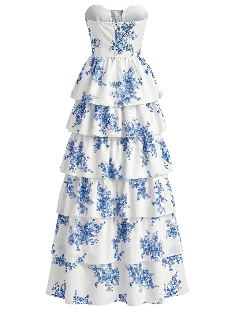 Blue 1930s Floral Strapless Fishbone Tiered Long Dress - vintage dress, retro fashion, floral print for vintage lovers