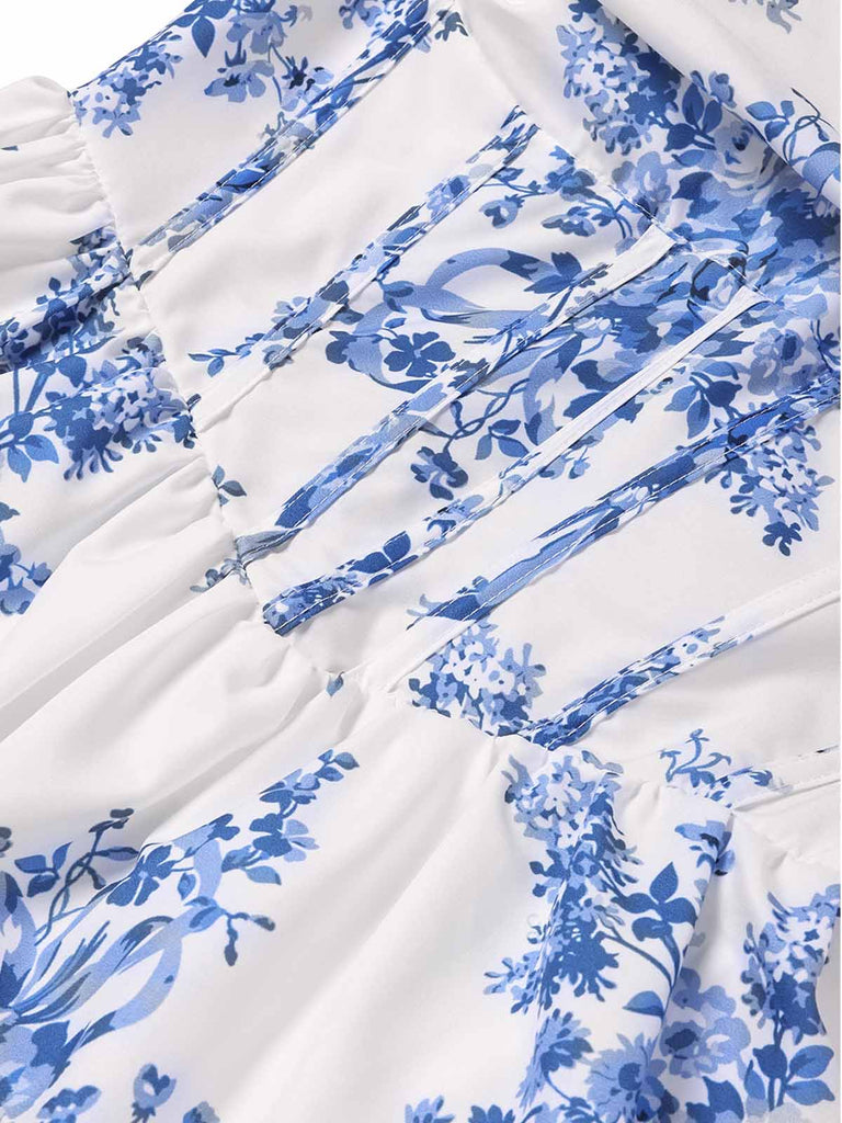 Blue 1930s Floral Strapless Fishbone Tiered Long Dress - vintage dress, retro fashion, floral print for vintage lovers