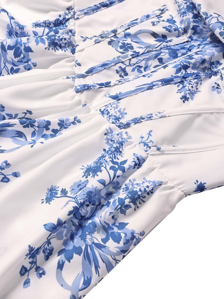 Blue 1930s Floral Strapless Fishbone Tiered Long Dress - vintage dress, retro fashion, floral print for vintage lovers