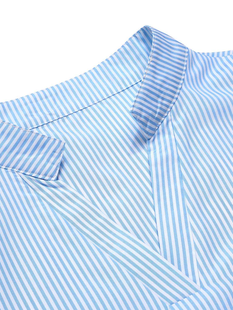 Blue 1950s Stand Collar Ruffle Sleeve Striped Blouse, vintage top, retro blouse - perfect for women who love vintage and retro fashion