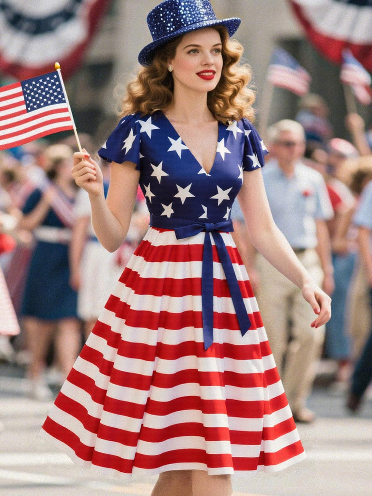 Blue 1950s Star Stripe V-Neck Patchwork Dress: where 1950s romance meets her modern spirit