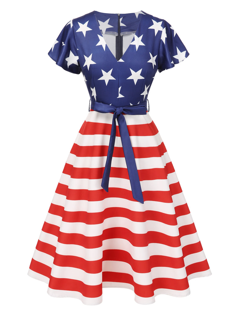 This Blue 1950s Star Stripe V-Neck Patchwork Dress wraps her in 1950s elegance, one twirl at a time