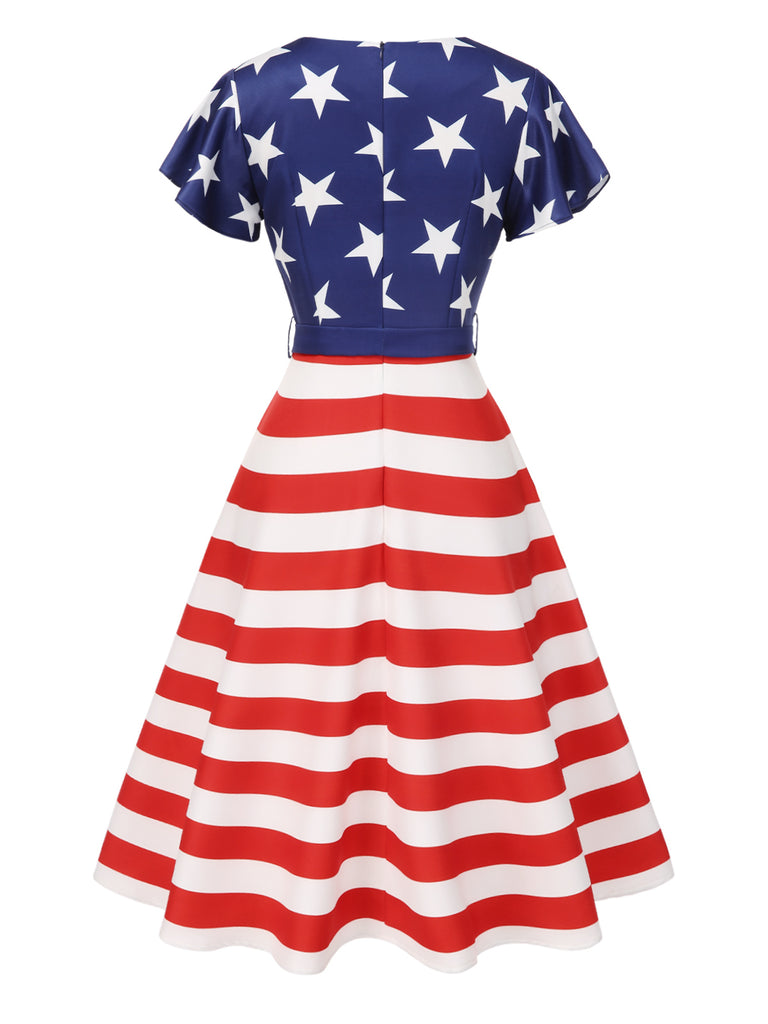 Blue 1950s Star Stripe V-Neck Patchwork Dress — a 1950s silhouette that turns sidewalks into runways