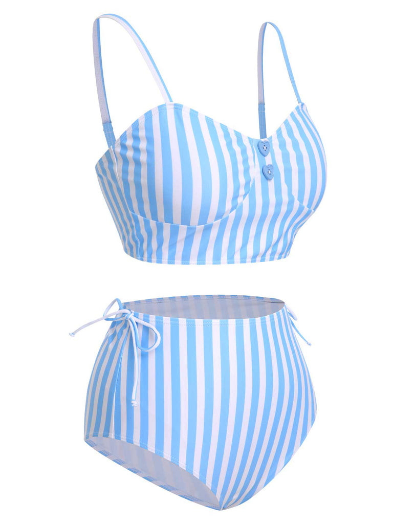 Blue 1950s Striped Heart Button Swimsuit, vintage swimsuit, pin-up swimwear - perfect for women who love vintage and retro fashion