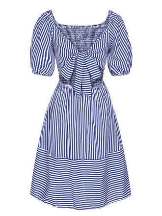 Blue 1950s Striped Raglan Square Neck Smocked Dress, vintage dress, retro fashion, rockabilly, pin-up fashion - perfect for women who love vintage and retro fashion