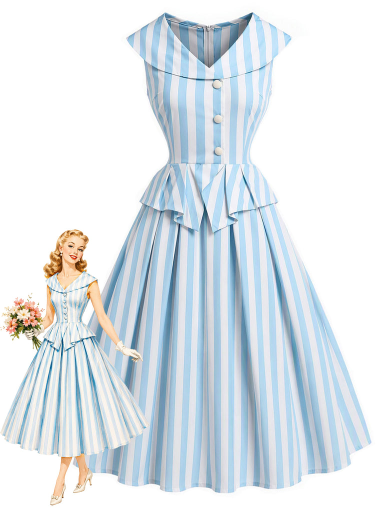 Blue 1950s Striped Shawl Collar Faux Two Piece Dress, vintage dress, retro fashion, rockabilly, pin-up fashion - vintage inspired fashion