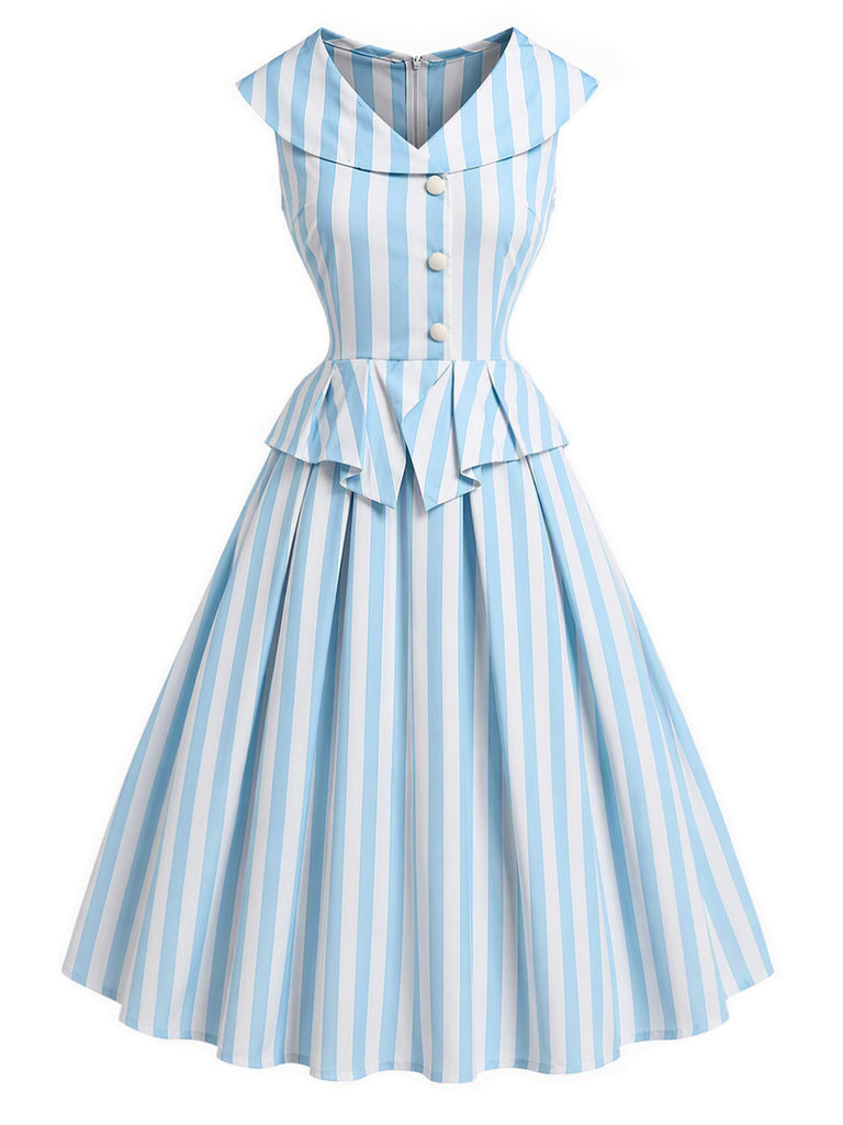 Blue 1950s Striped Shawl Collar Faux Two Piece Dress, vintage dress, retro fashion, rockabilly, pin-up fashion - vintage inspired fashion