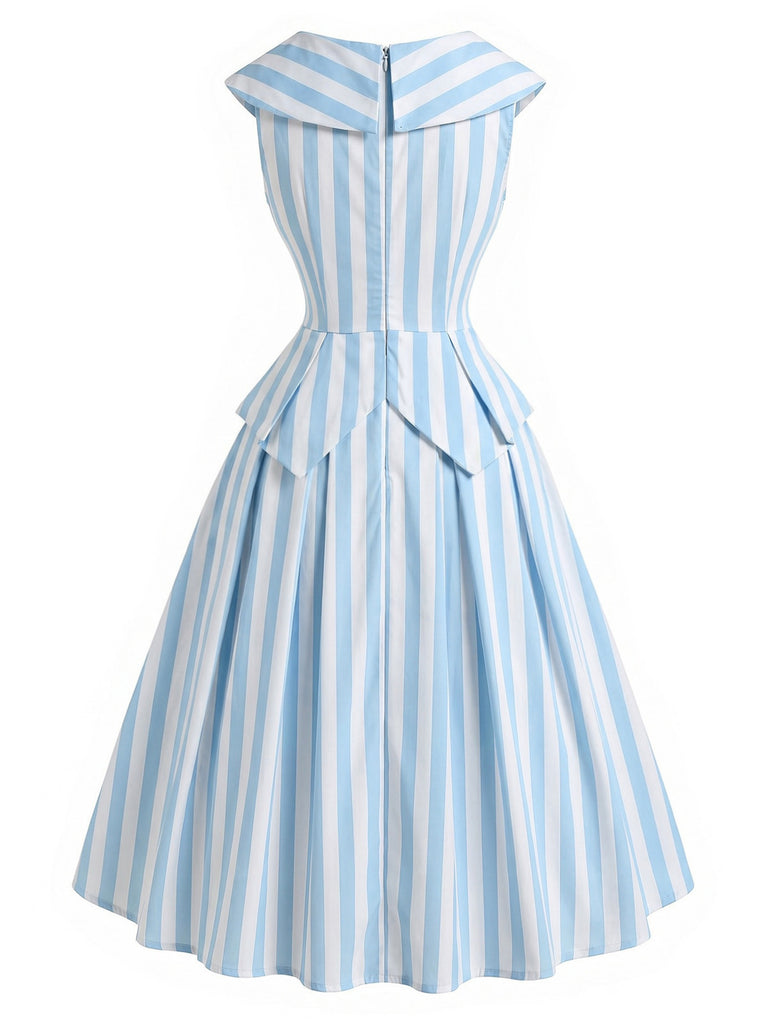 Light Blue 1940s V Neck Striped Bow Dress 4