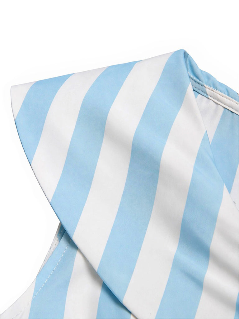 Light Blue 1940s V Neck Striped Bow Dress 5