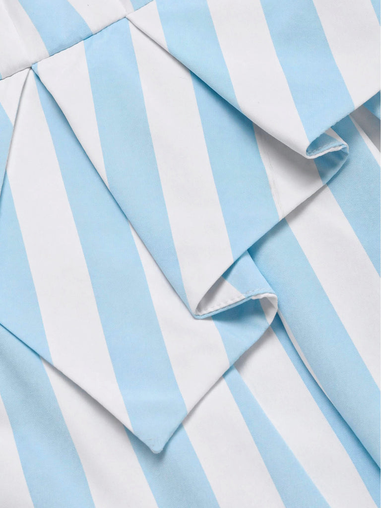 Light Blue 1940s V Neck Striped Bow Dress 7