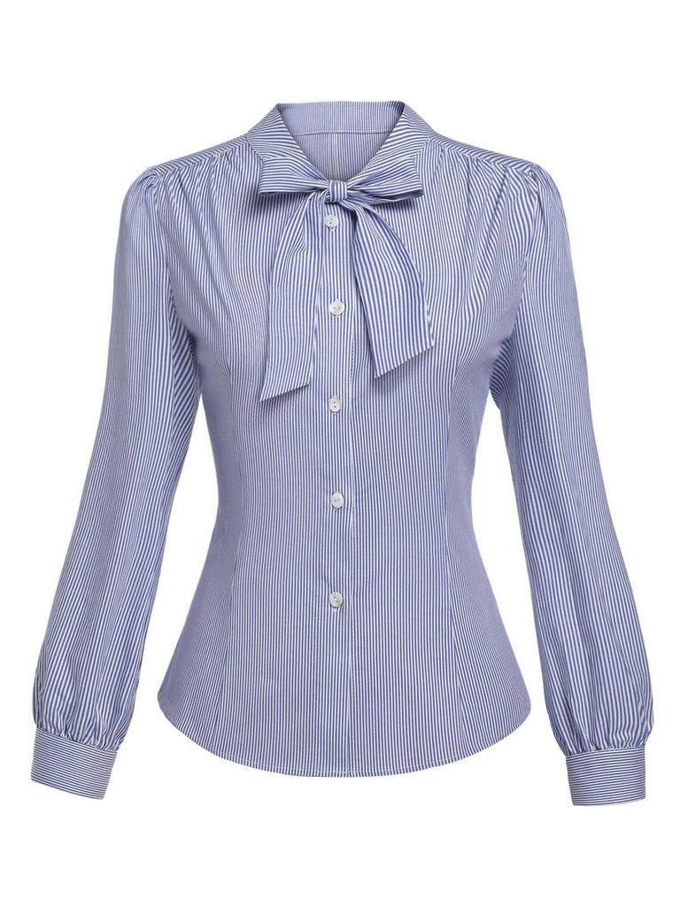 Blue 1950s Tie Neck Stripes Blouse: a 1950s classic that whispers rather than shouts