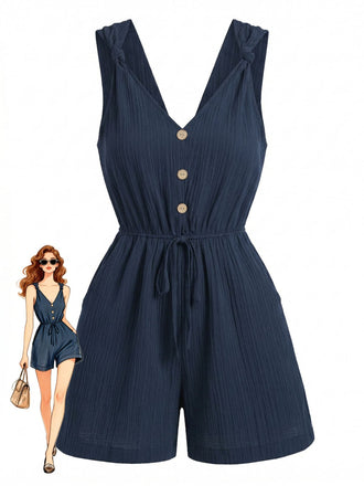 Blue 1950s V-Neck Knotted Strap Button Front Romper, vintage romper, retro jumpsuit - perfect for women who love vintage and retro fashion