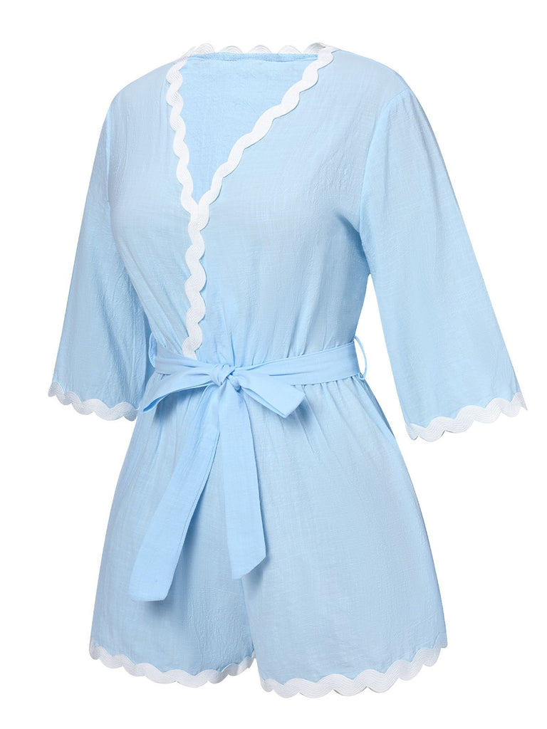 Blue 1950s V-Neck Solid Belted Romper: 1950s detail work for the woman who notices