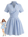 Blue 1950s Vertical Striped Johnny Collar Criss-Cross Dress - vintage dress, retro fashion, elegant style for vintage lovers