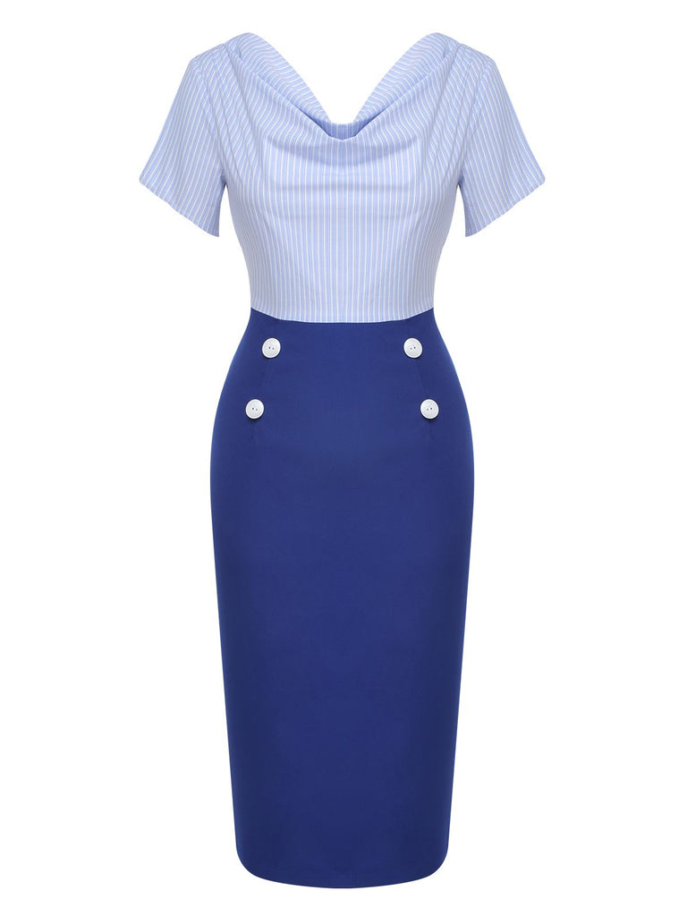 Blue 1960s Cowl Striped Lace-Up Wrap Dress, vintage dress, retro fashion, lace detail - perfect for women who love vintage and retro fashion
