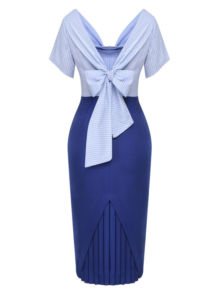 Blue 1960s Cowl Striped Lace-Up Wrap Dress, vintage dress, retro fashion, lace detail - perfect for women who love vintage and retro fashion