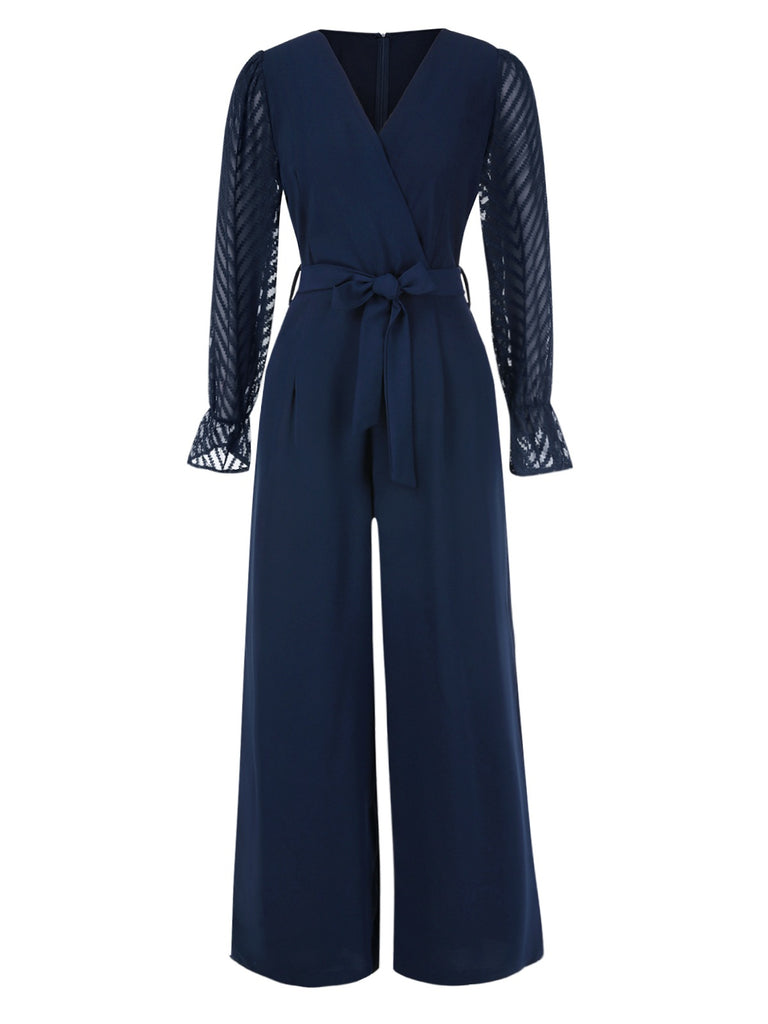 She finds her 1960s story in this Blue 1960s Curve Stripes Sheer Patchwork Jumpsuit