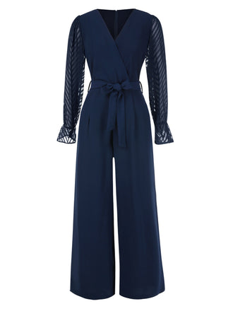 She finds her 1960s story in this Blue 1960s Curve Stripes Sheer Patchwork Jumpsuit
