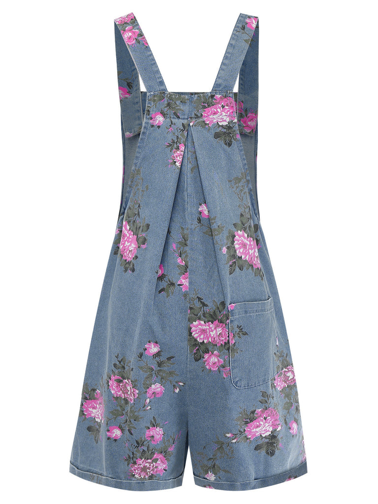 Blue 1960s Denim Floral Pocket Wide Strap Romper | vintage romper, retro jumpsuit, playful style - perfect for retro fashion enthusiasts