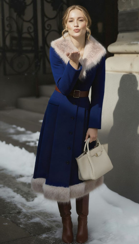 Blue 1960s Faux Fur-Lined Belted Coat - vintage fashion, retro style