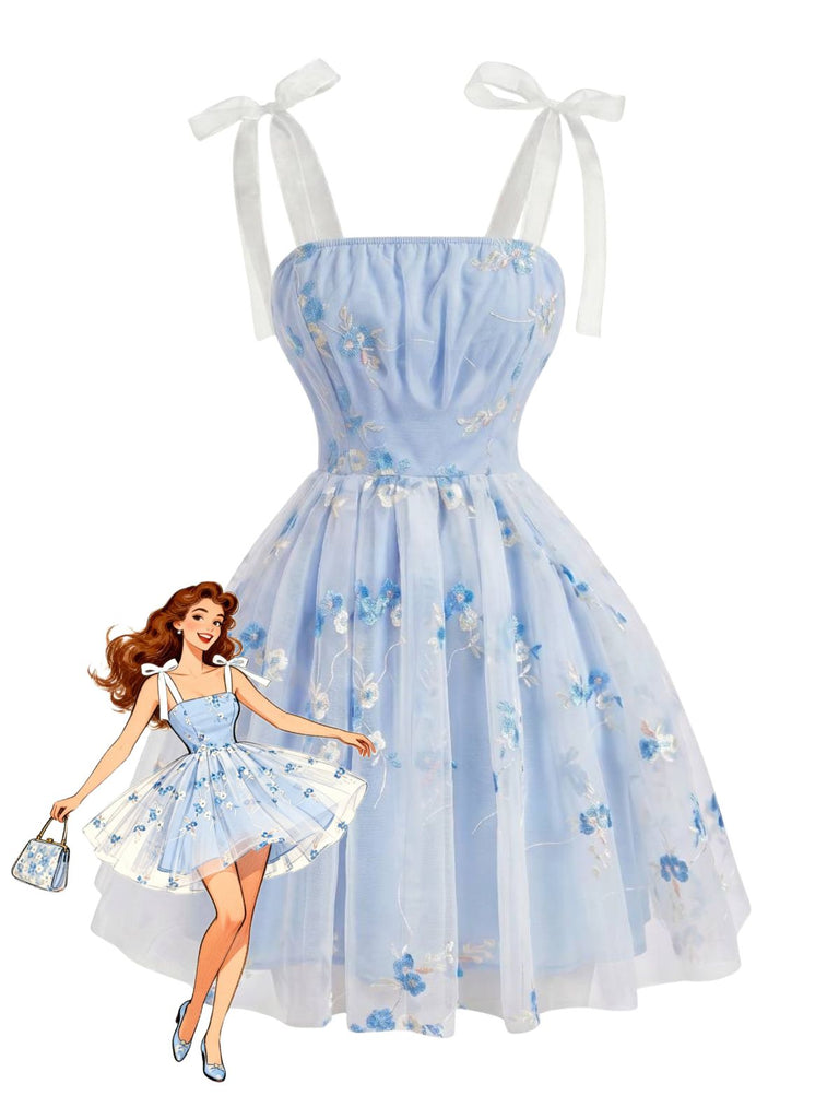 Blue 1960s Floral Embroidery Tulle Bow Spaghetti Strap Dress, vintage dress, retro fashion, floral print - perfect for women who love vintage and retro fashion