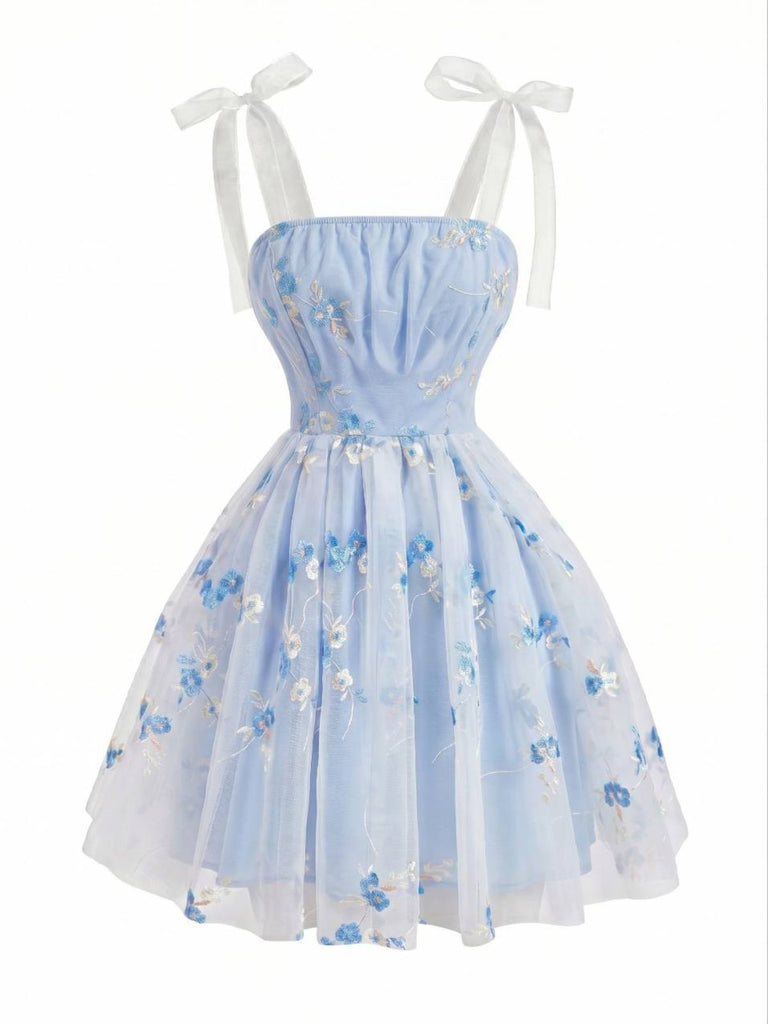Blue 1960s Floral Embroidery Tulle Bow Spaghetti Strap Dress, vintage dress, retro fashion, floral print - perfect for women who love vintage and retro fashion