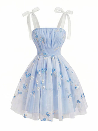 Blue 1960s Floral Embroidery Tulle Bow Spaghetti Strap Dress, vintage dress, retro fashion, floral print - perfect for women who love vintage and retro fashion