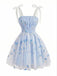 Blue 1960s Floral Embroidery Tulle Bow Spaghetti Strap Dress, vintage dress, retro fashion, floral print - perfect for women who love vintage and retro fashion