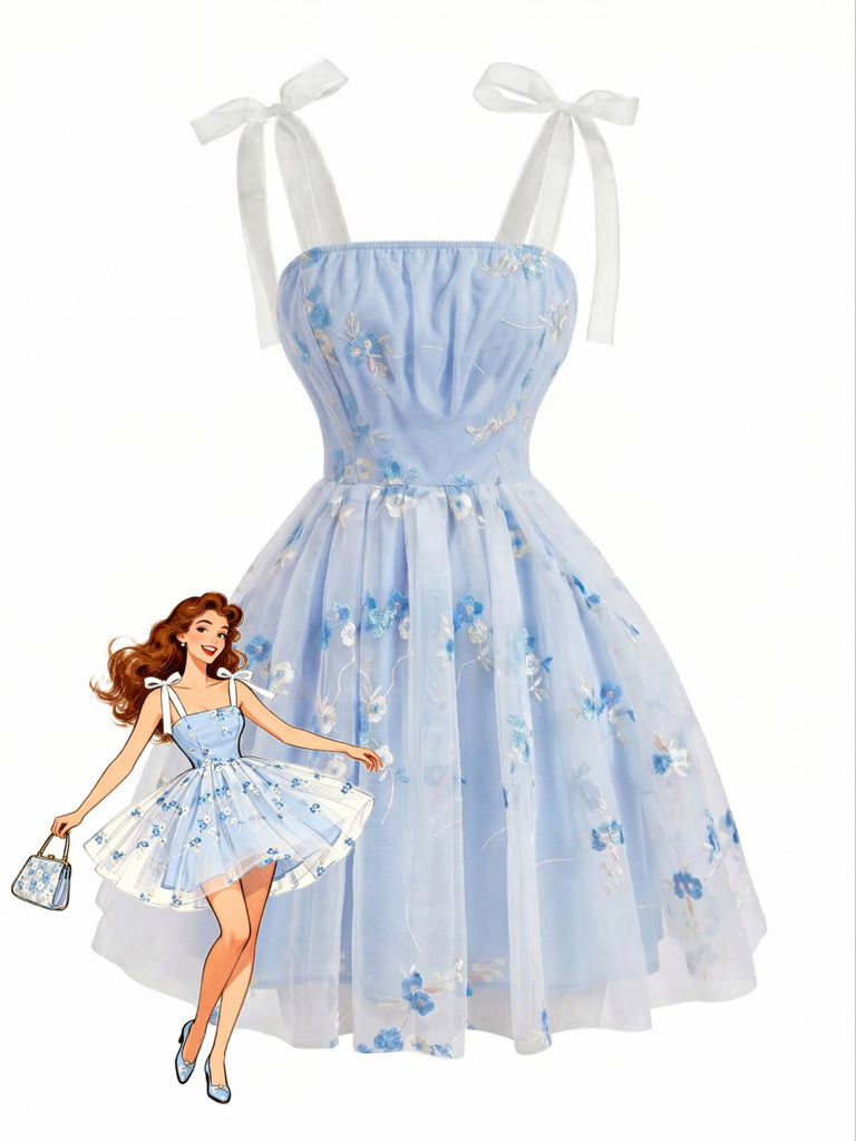 Blue 1960s Floral Embroidery Tulle Bow Spaghetti Strap Dress, vintage dress, retro fashion, floral print - perfect for women who love vintage and retro fashion