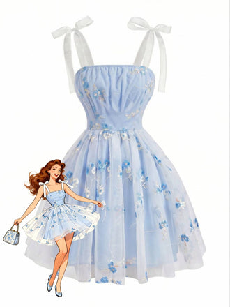 Blue 1960s Floral Embroidery Tulle Bow Spaghetti Strap Dress, vintage dress, retro fashion, floral print - perfect for women who love vintage and retro fashion