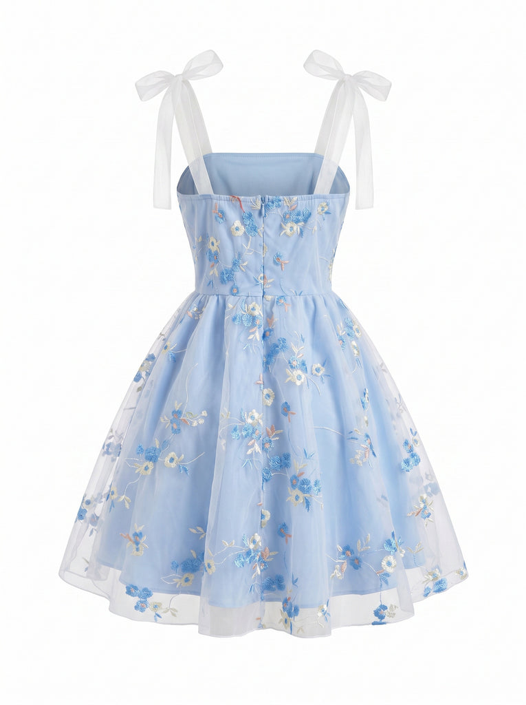 Blue 1960s Floral Embroidery Tulle Bow Spaghetti Strap Dress, vintage dress, retro fashion, floral print - perfect for women who love vintage and retro fashion