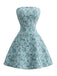 Blue 1960s Floral Jacquard Strapless Back Bow Mini Dress - vintage dress, retro fashion, floral print for vintage lovers