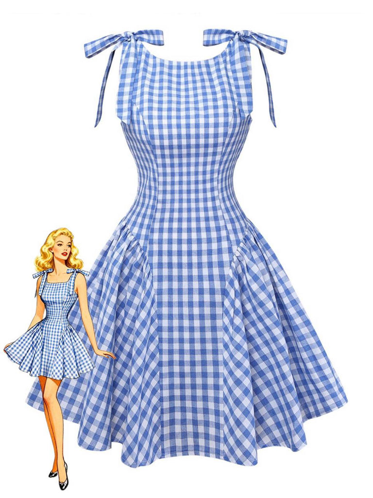 Blue 1960s Gingham Plaid Shoulder-Tie Empire Dress - vintage dress, retro fashion