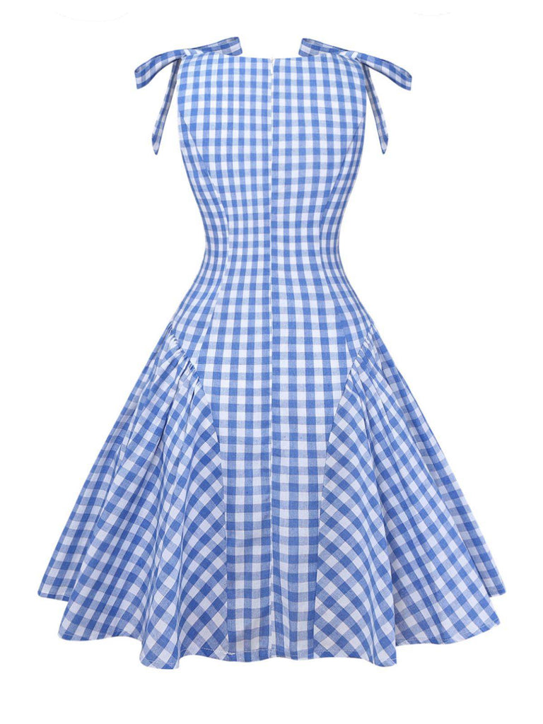 Blue 1960s Gingham Plaid Shoulder-Tie Empire Dress - vintage dress, retro fashion