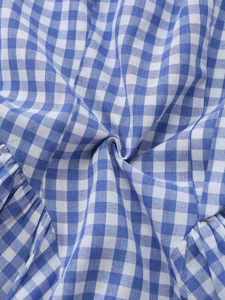 Blue 1960s Gingham Plaid Shoulder-Tie Empire Dress - vintage dress, retro fashion
