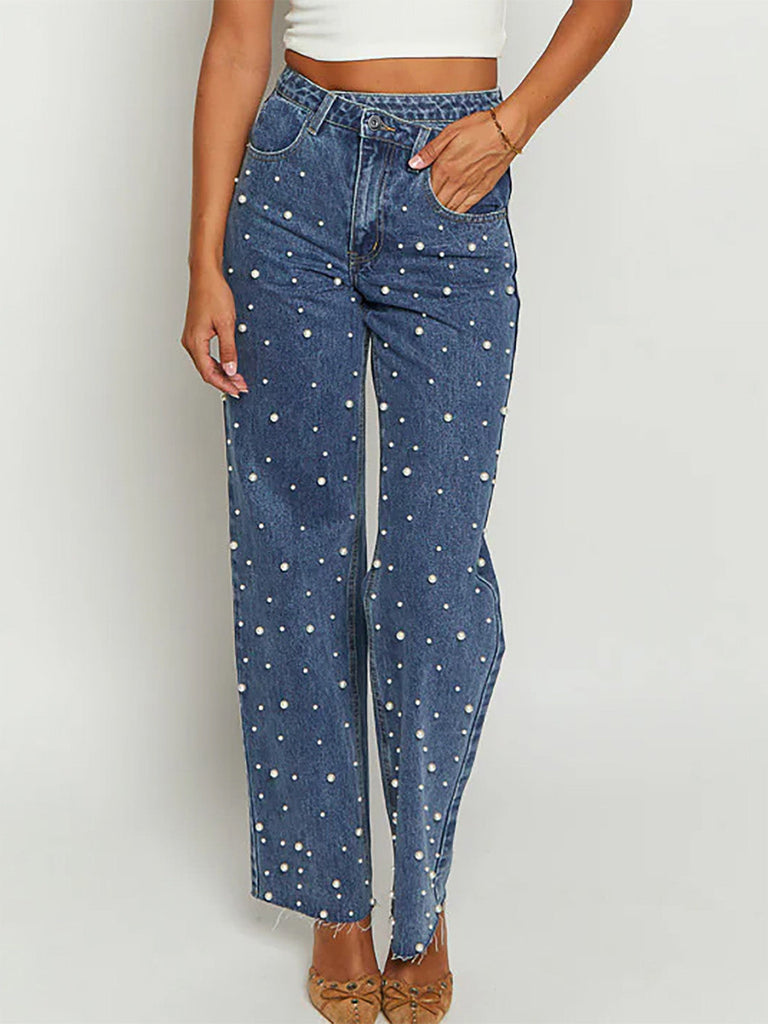 Blue 1960s Pearl Straight Leg Raw Hem Denim Pants: beautiful vintage fashion, retro style, classic elegance with timeless appeal