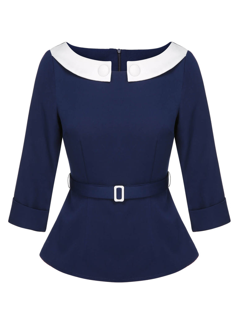 Blue 1960s Peter Pan Collar Belt Top, vintage top, retro blouse - perfect for women who love vintage and retro fashion