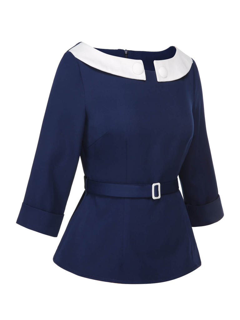 Blue 1960s Peter Pan Collar Belt Top, vintage top, retro blouse - perfect for women who love vintage and retro fashion