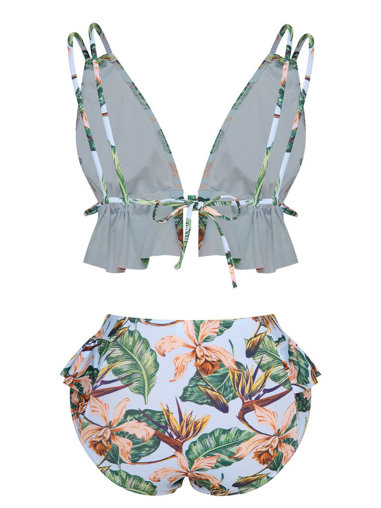 This Blue 1960s Plants Back Tie Ruffles Swimsuit carries 1960s vacation dreams in every stitch