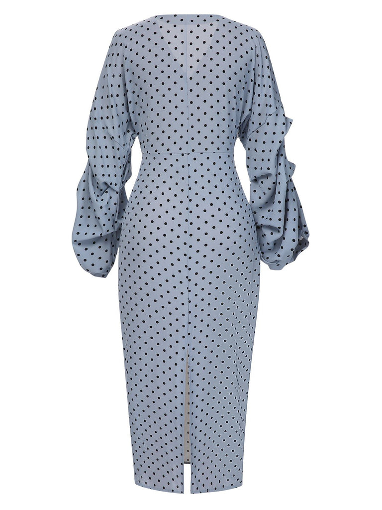 Blue 1960s Polka Dot V-Neck Pencil Dress, vintage dress, retro fashion - perfect for women who love vintage and retro fashion