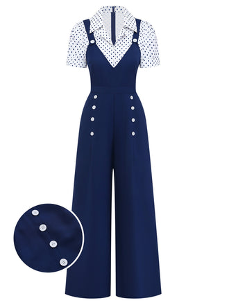 Navy blue jumpsuit with white buttons and a white blouse with black polka dots on a white background.
